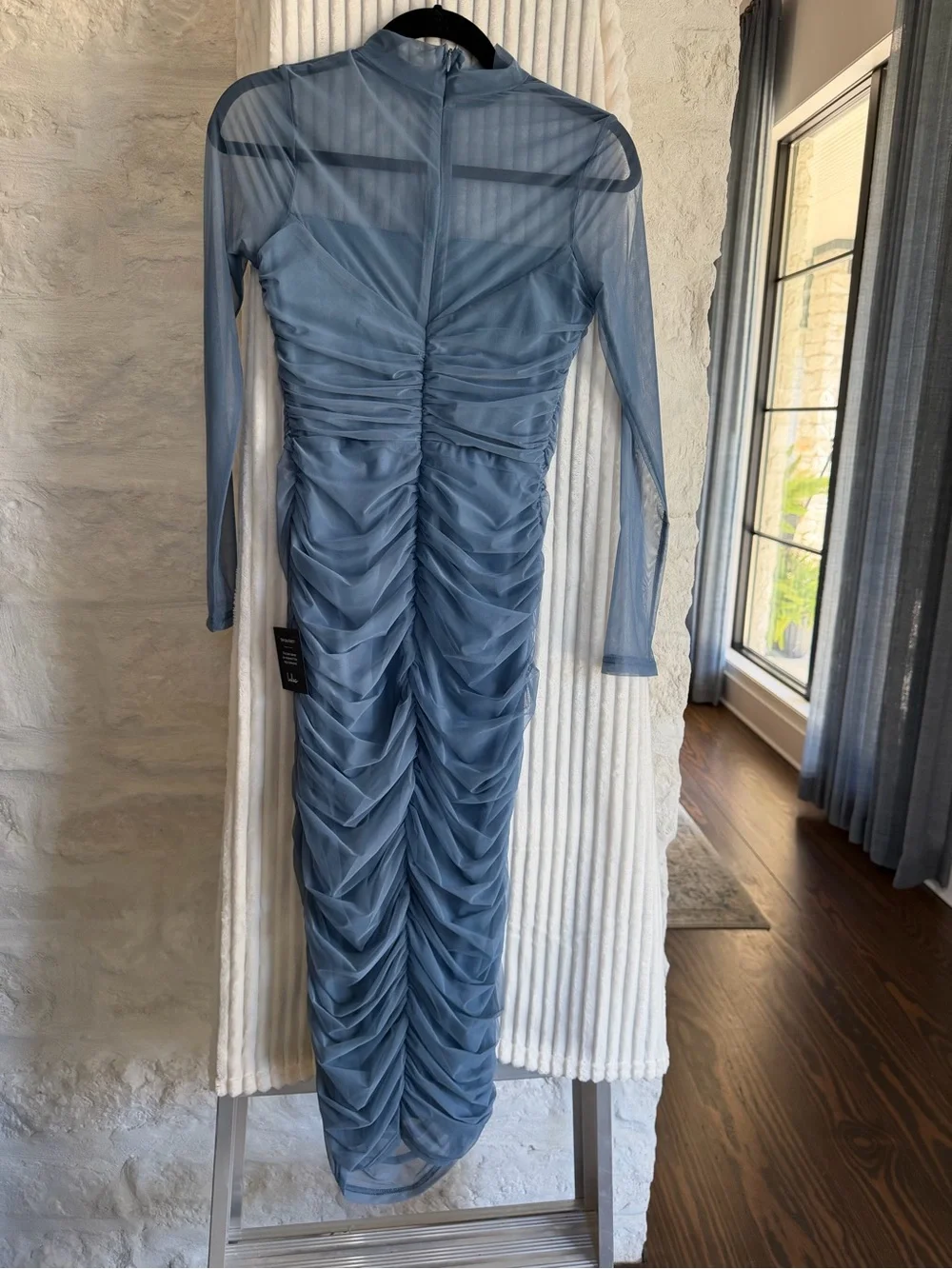 Lulu's Sheer Ruched Maxi Dress in Dusty Blue - Picture 1 of 4